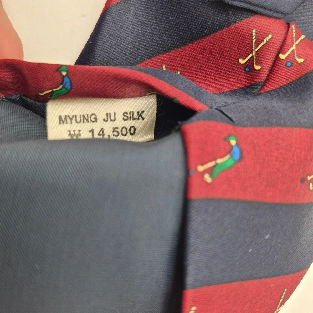 Rene Chagal Mens Silk Tie Navy Blue Burgundy Striped Golf Theme Handmade
